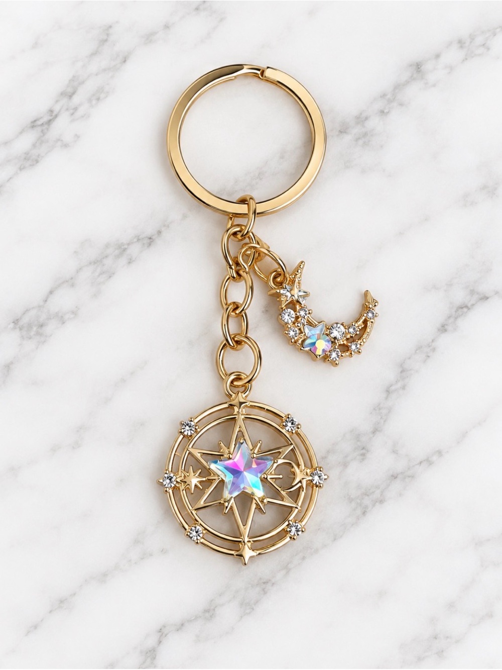 Bag Charm/Keyring-Star & Moon Compass Charm-Gold Hardware